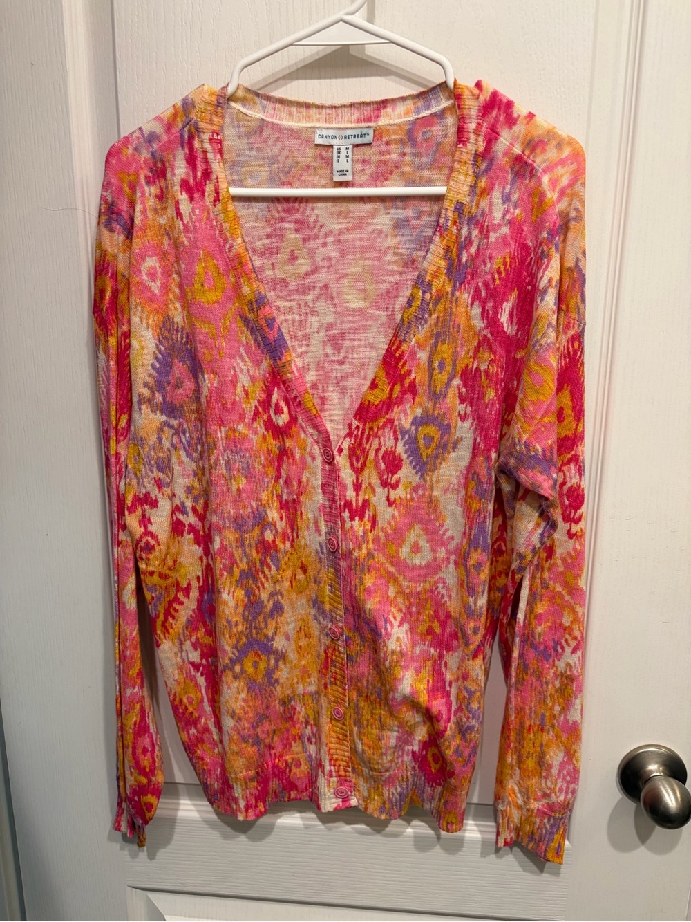 Colorful Ikat V-Neck Button Cardigan - Pink Multicolor